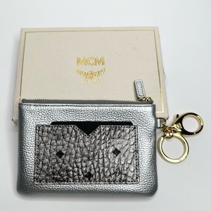 MCM Metallic Silver Visetos Leather Coin/Card
Pouch w/ Gold Keychain, NWT